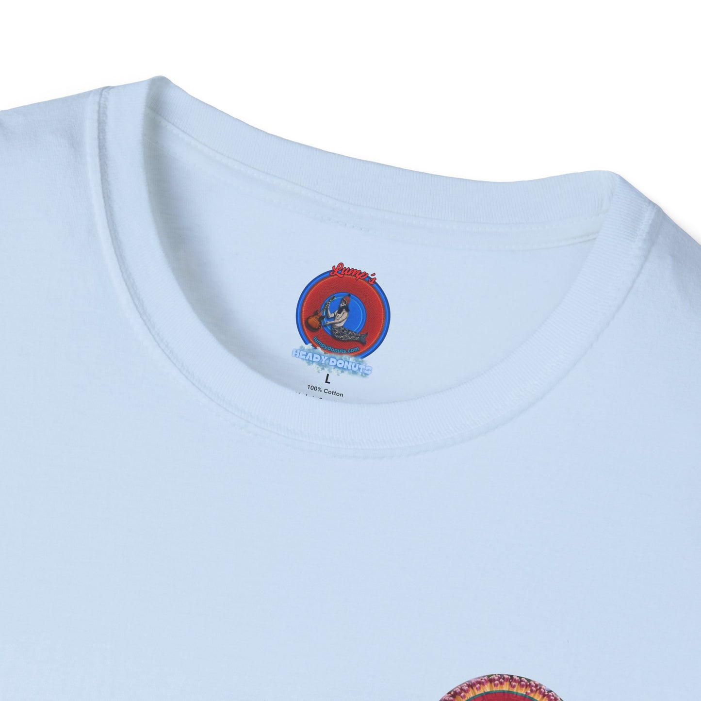 Classic Donut Tee - Unisex Soft-Style - "Smell the Donuts Outside on my Lawn"  " variant 1 - blue donut on red donut/flower