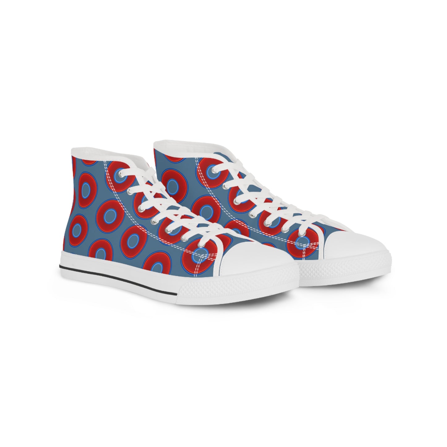 Men's High Top Chucks - large vivid red donut print w/steel blue background