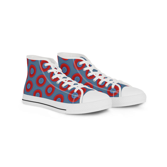 Men's High Top Chucks - large vivid red donut print w/steel blue background