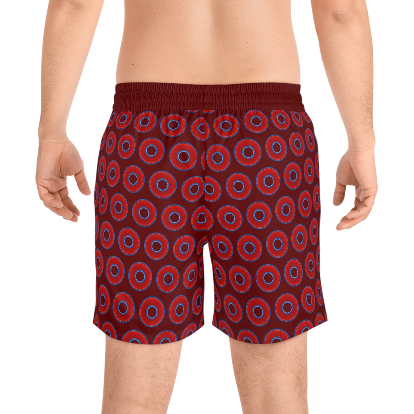 Men's Lumpy Swim Trunks - vivid red donut print w/dark red background