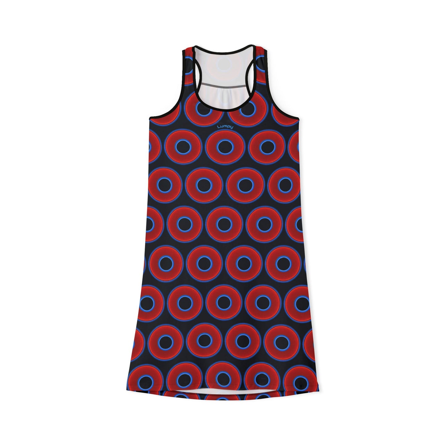 Tela's Lumpy Racerback Donut Dress - red vivid donut print w/blue charcoal background