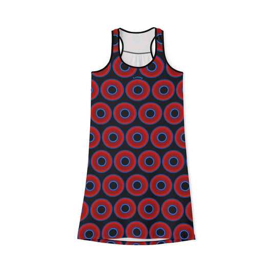 Tela's Lumpy Racerback Donut Dress - red vivid donut print w/blue charcoal background