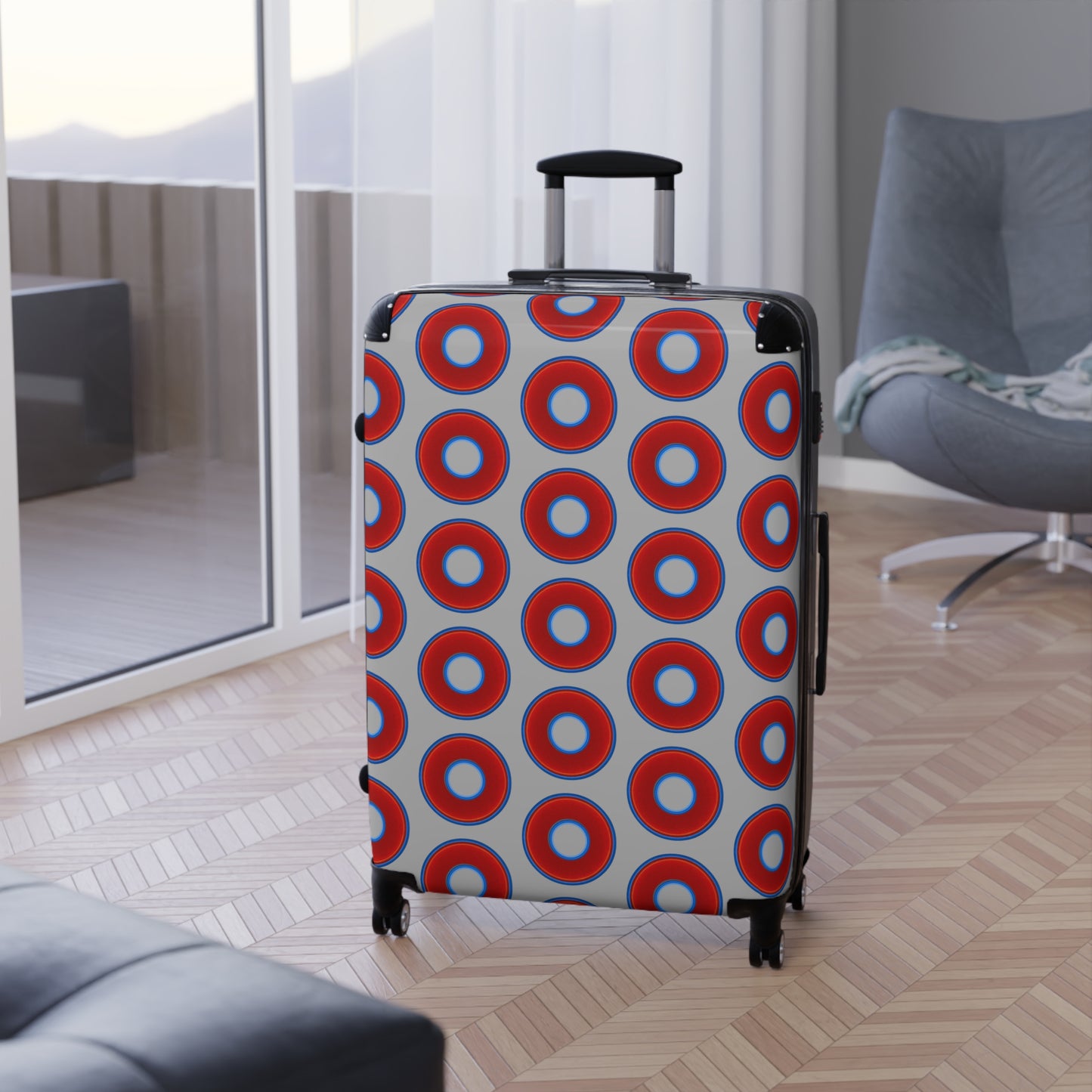 The Very Lumpy Donut Suitcase series - your choice of S, M or L - vivid red donut print w/light gray background