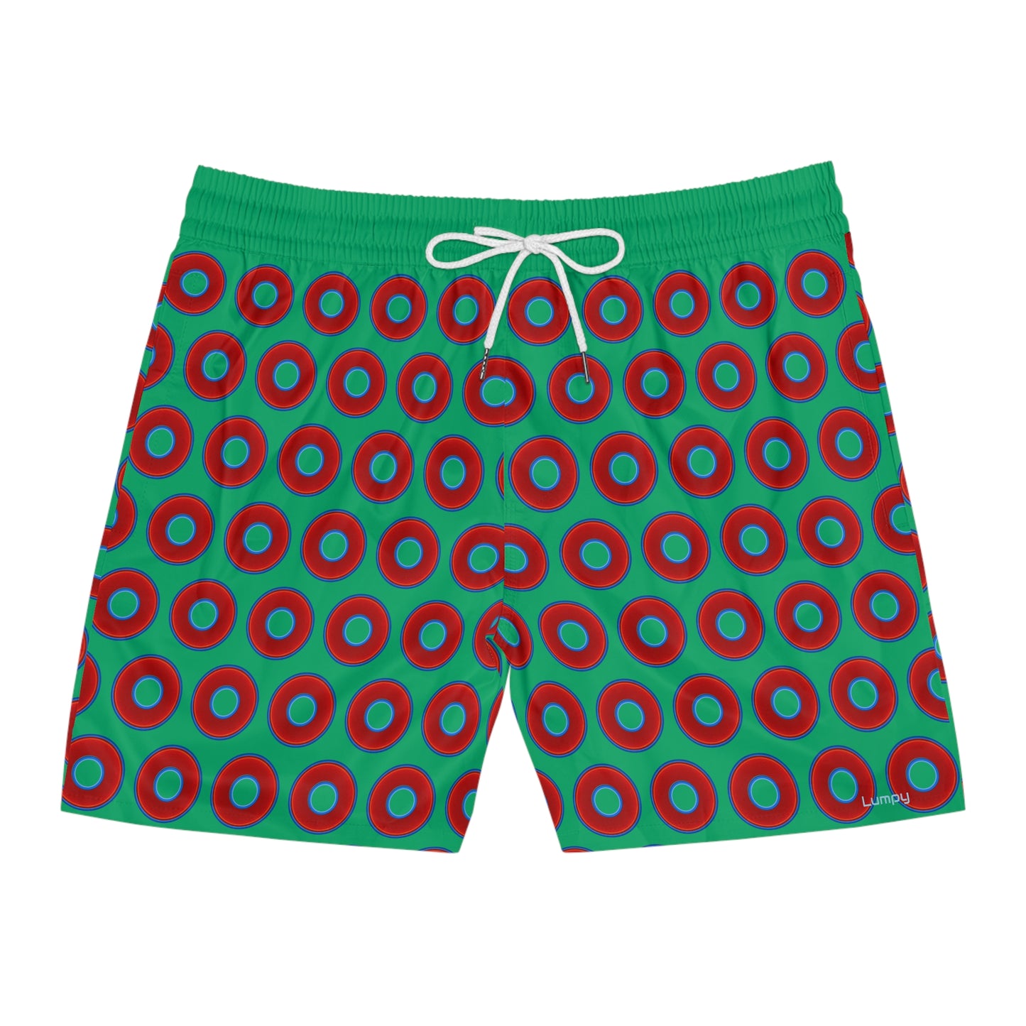 Men's Lumpy Swim Trunks - vivid red donut print w/jade green background