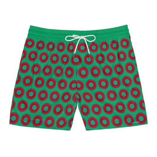 Men's Lumpy Swim Trunks - vivid red donut print w/jade green background