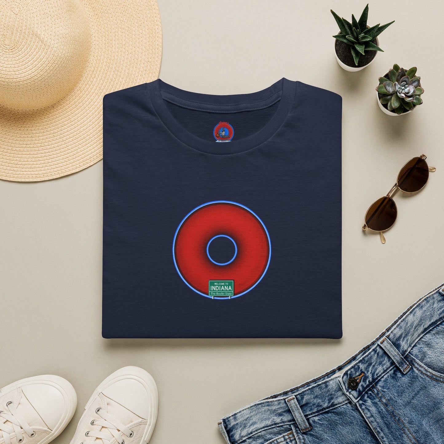 Classic Donut Tee - Unisex Soft-Style - "Indiana is for Boofers" - vivid red/blue plumpy donut - variant 3 - plain