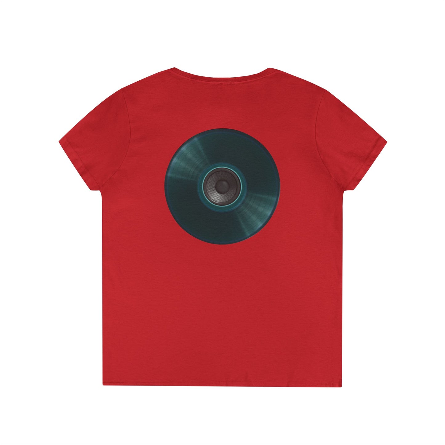 Women's Donut V-Neck Tee - "Speaker Donut" - vivid teal record donut w/