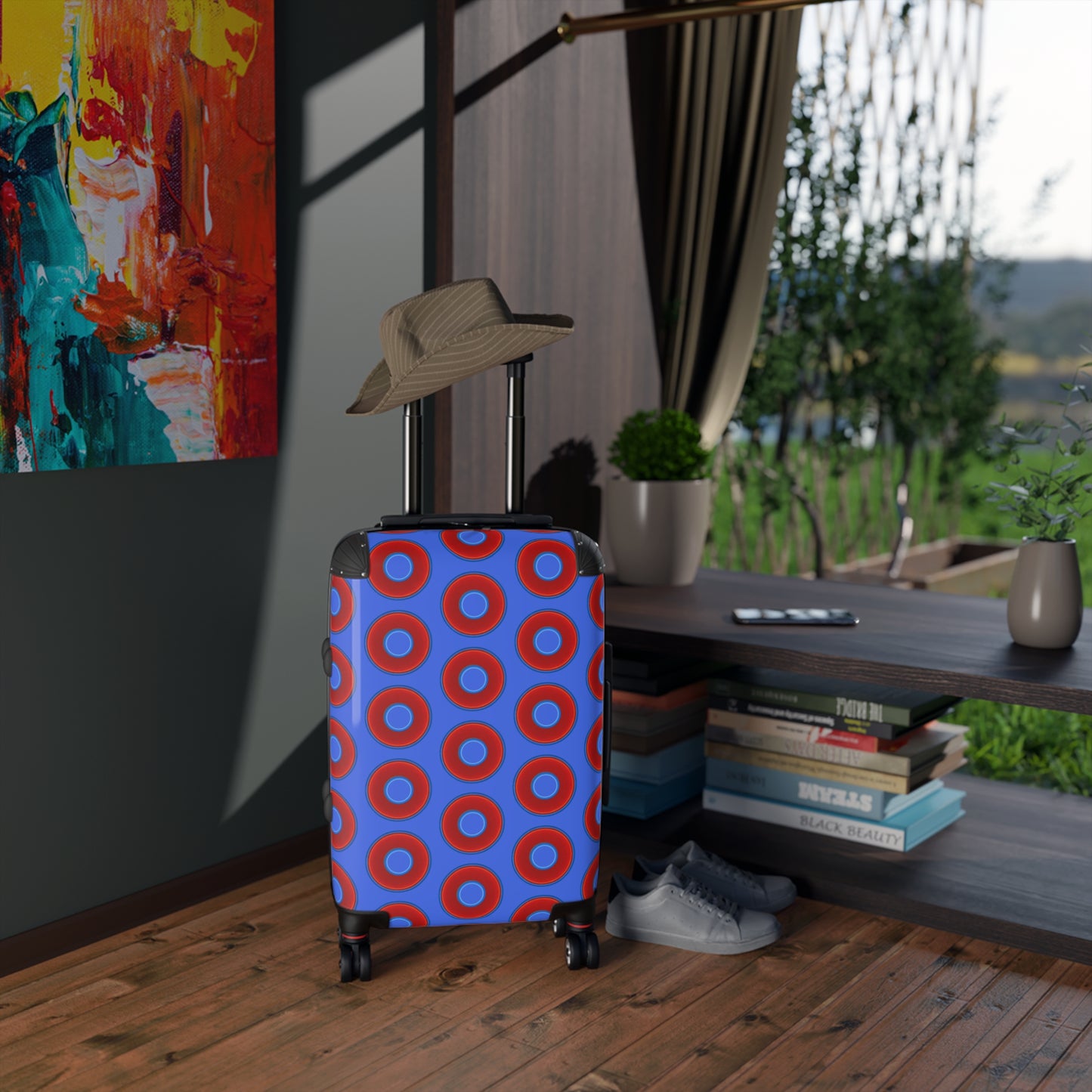 The Very Lumpy Donut Suitcase series - your choice of S, M or L - vivid red donut print w/royal blue background
