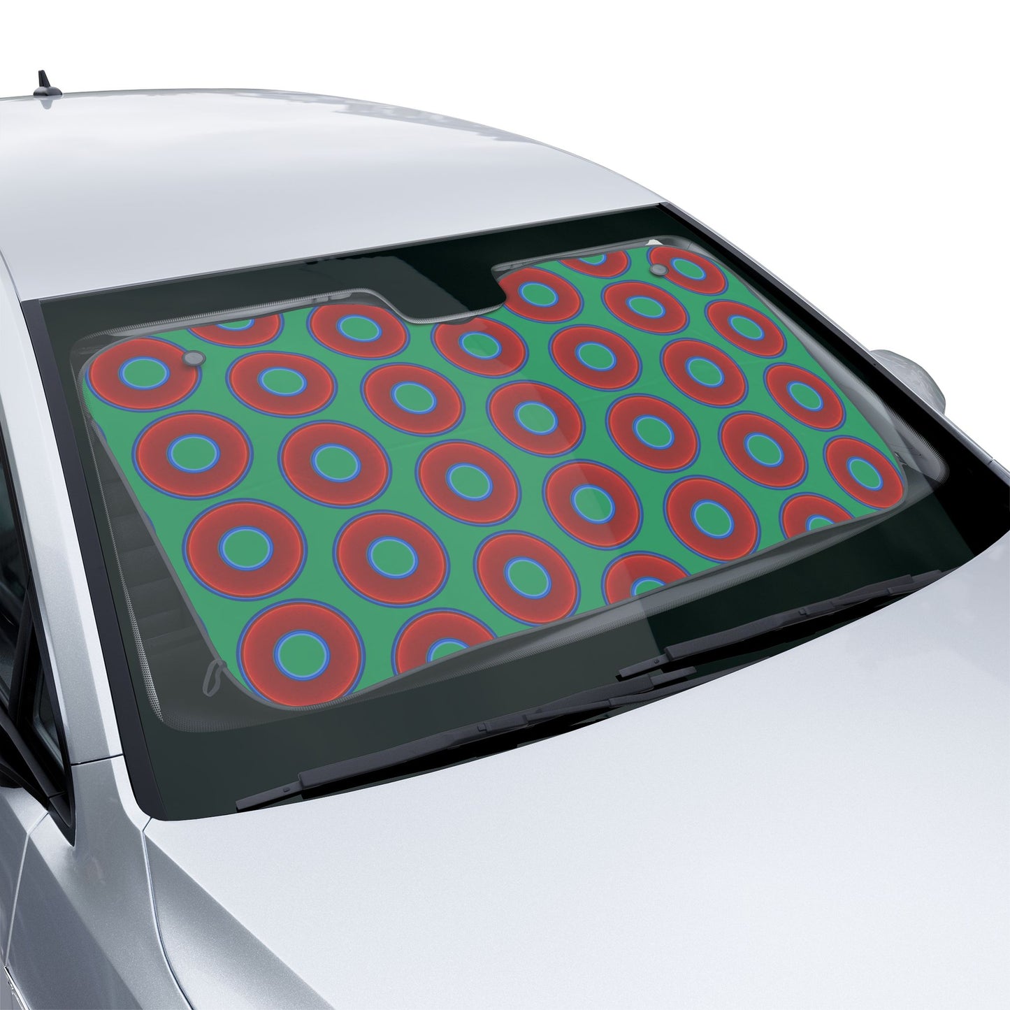 Automotive Donut Sun Shade - red vivid donuts w/jade green background