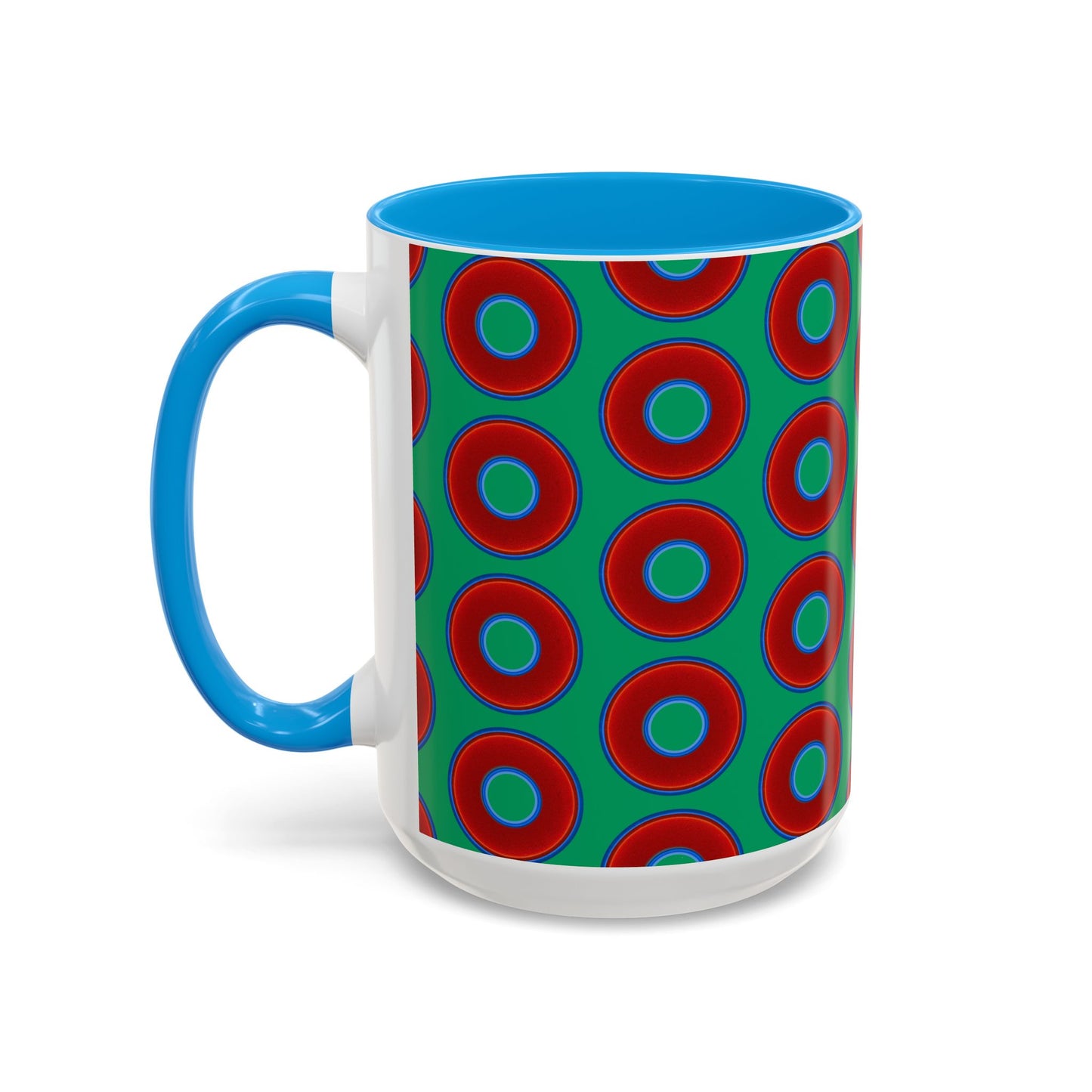 Lump's Grumpy Coffee Mug - vivid red donuts w/jade green background