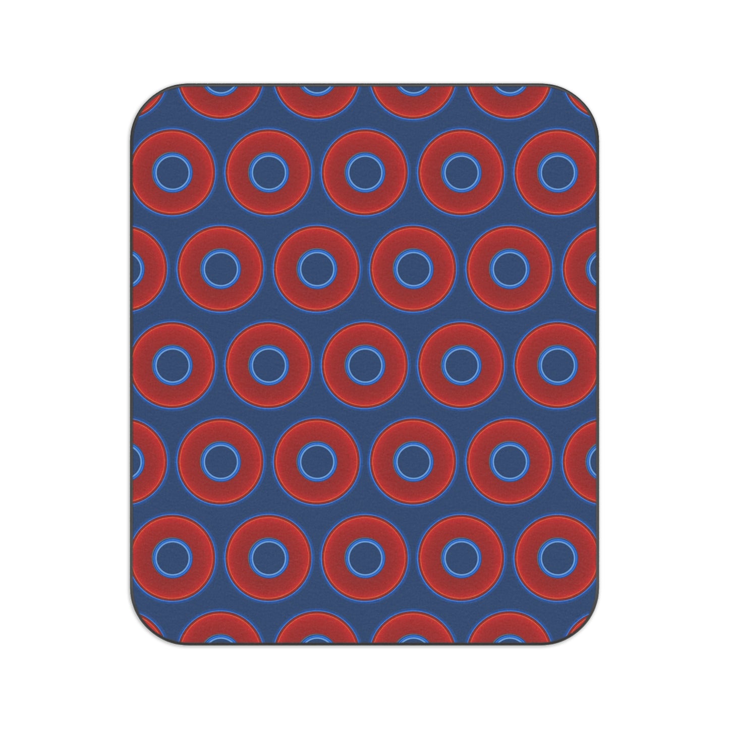 The Lumpy Party Blanket - giant water-resistant outdoor blanket [61" x 51"] - vivid red donuts w/Atlantic navy blue background