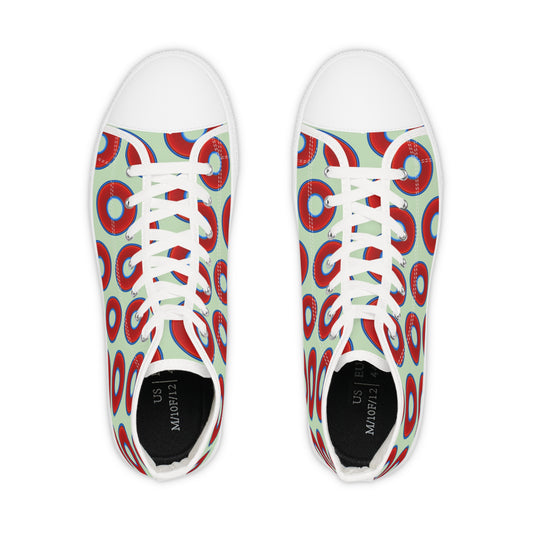 Men's High Top Chucks - large vivid red donut print w/seamfoam background