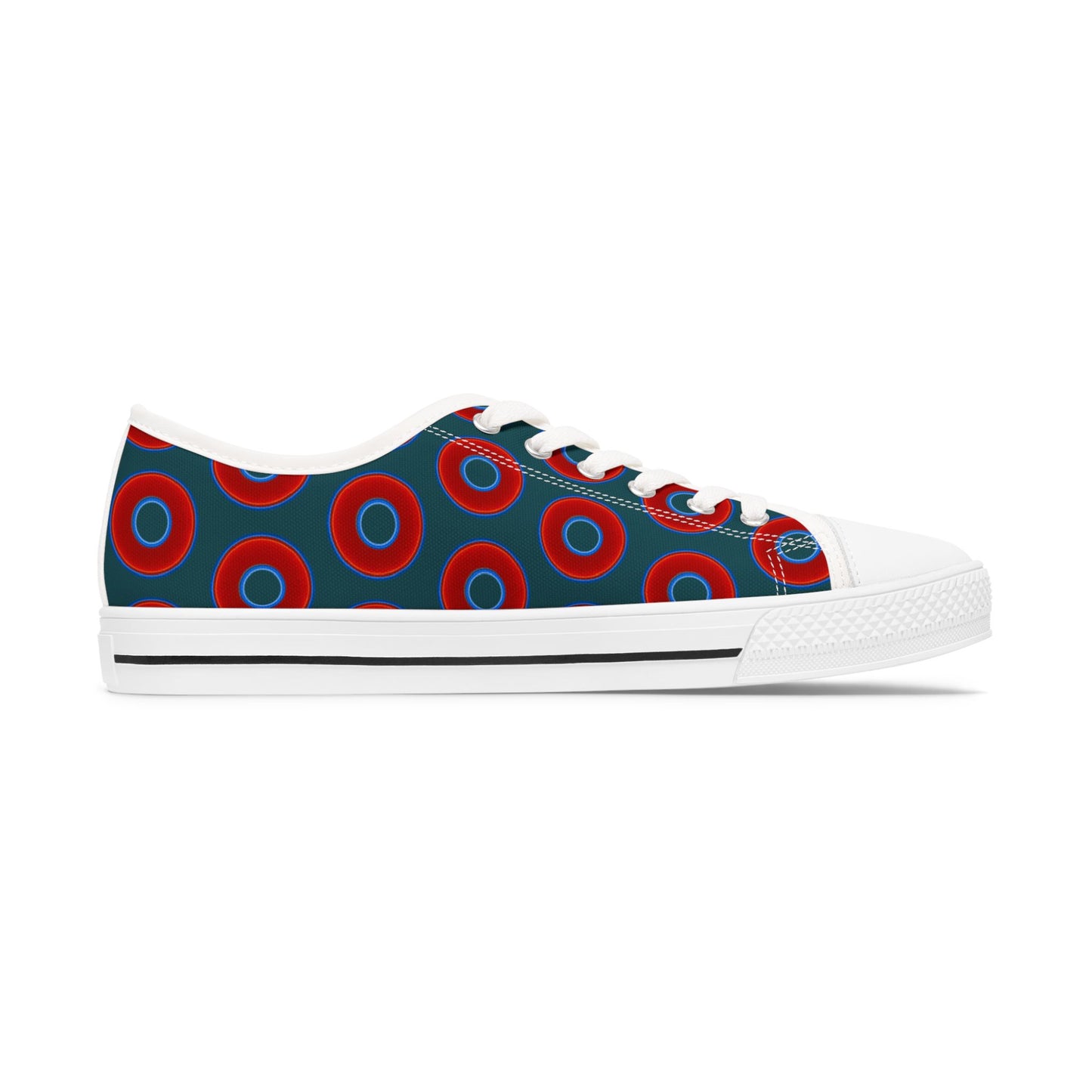 Women's - Low Top Chuck Taylors - large vivid red donut print w/midnight teal green background