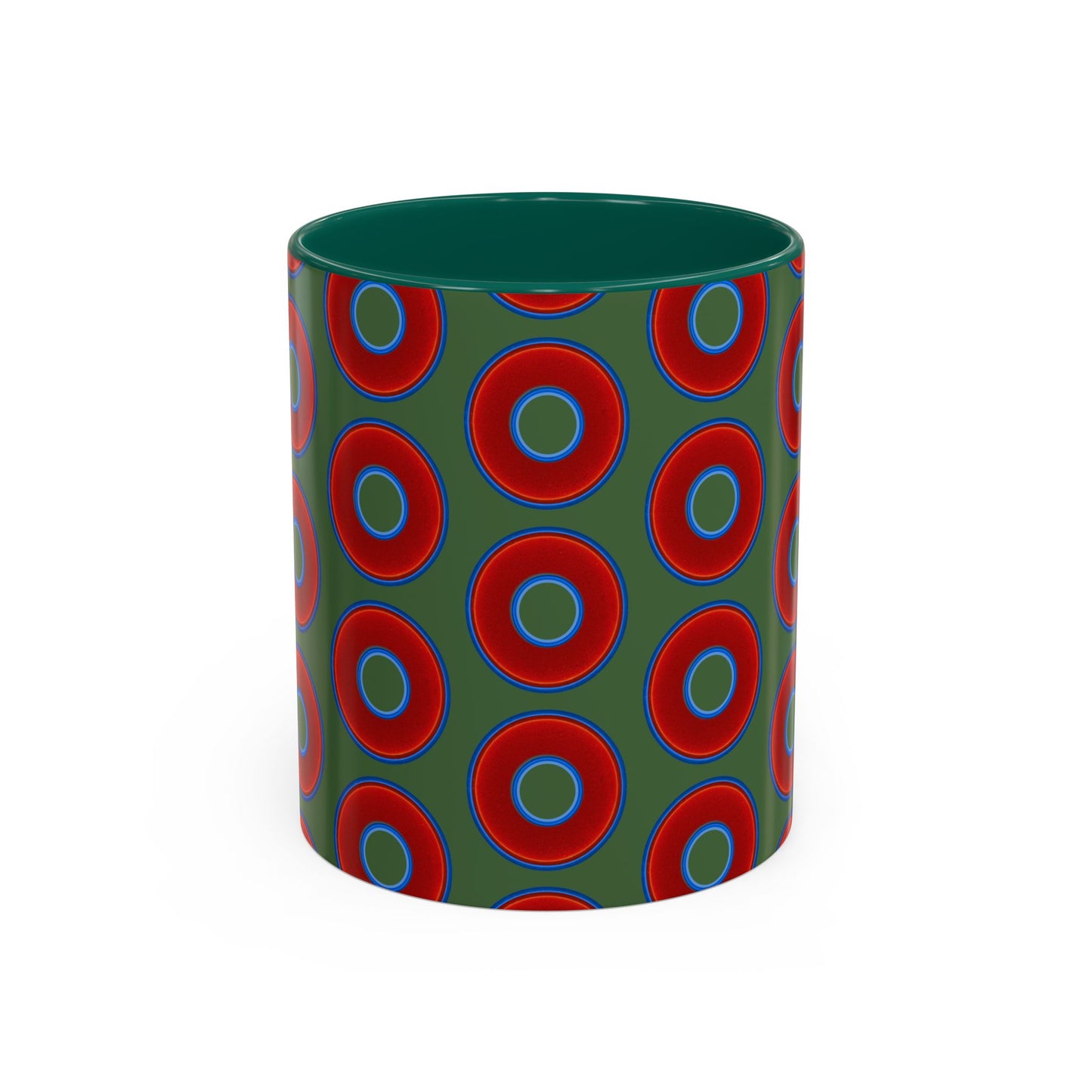 Lump's Grumpy Coffee Mug - vivid red donuts w/dark green background