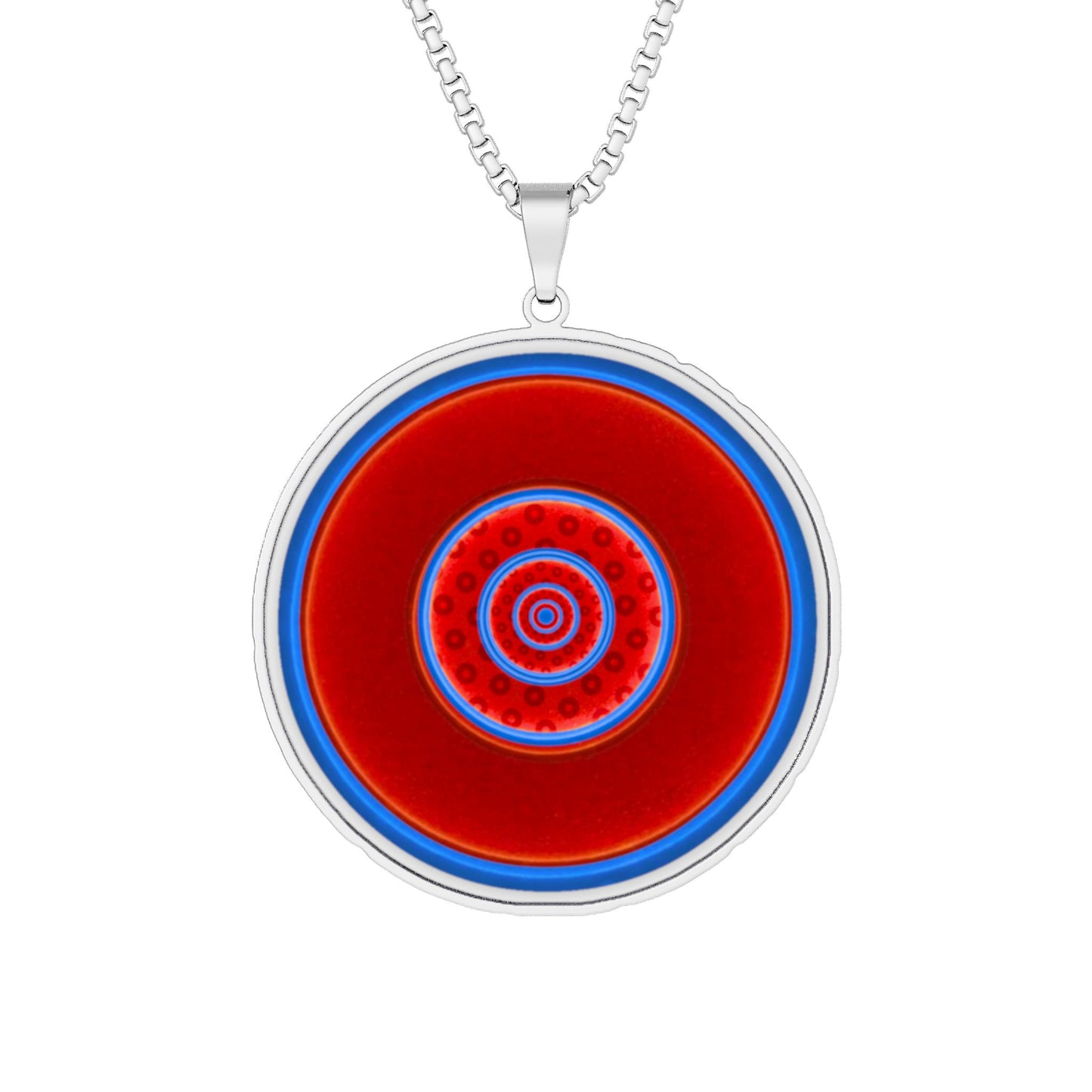 Lump's Heady Donut Necklace - 1" x 1" Stainless Steel Pendant - "Abstract Donut Paradox" - vivid red/blue donut with paradox donuts