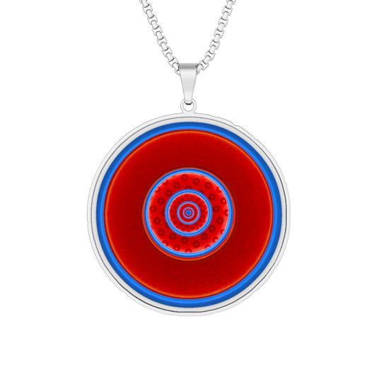 Lump's Heady Donut Necklace - 1" x 1" Stainless Steel Pendant - "Abstract Donut Paradox" - vivid red/blue donut with paradox donuts