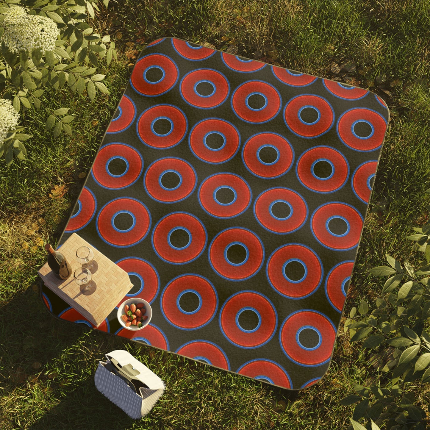 The Lumpy Party Blanket - giant water-resistant outdoor blanket [61" x 51"] - vivid red donuts w/black background