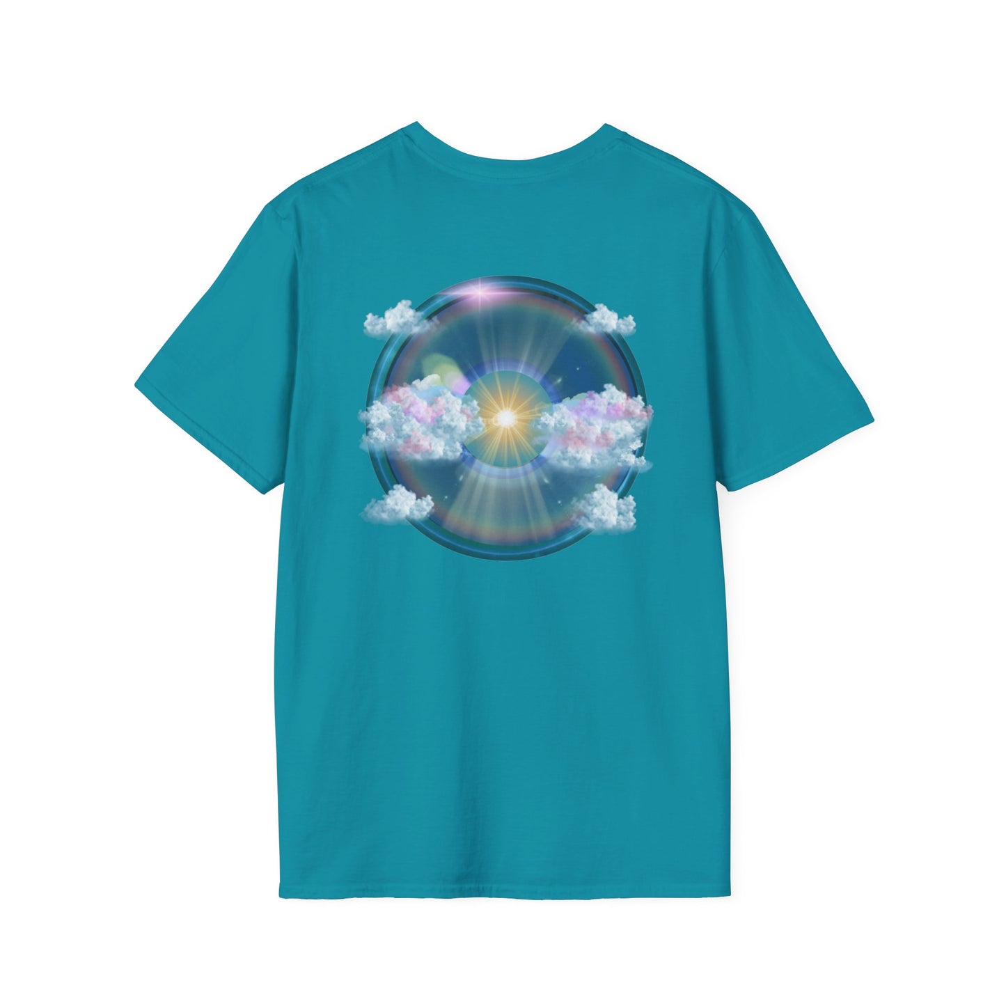Classic Donut Tee - Unisex Soft-Style - "The Divided Donut" - variant 2 - blue donut  w/hole & sun [*50% to The Divided Sky Foundation]