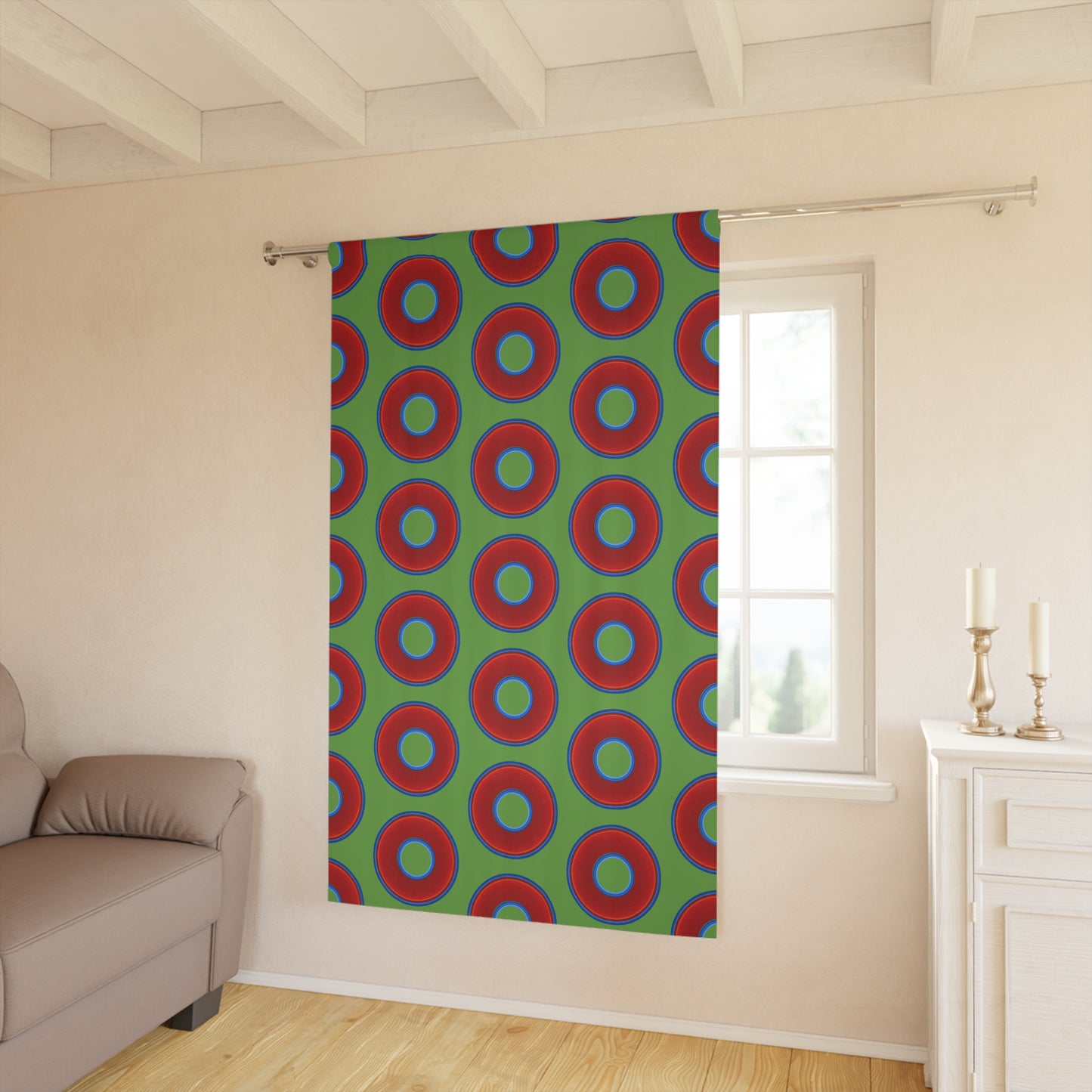 Lump's Heady Curtain w/Donuts - vivid red donut print - w/light green background - [*1 Piece / 50" x 84"]
