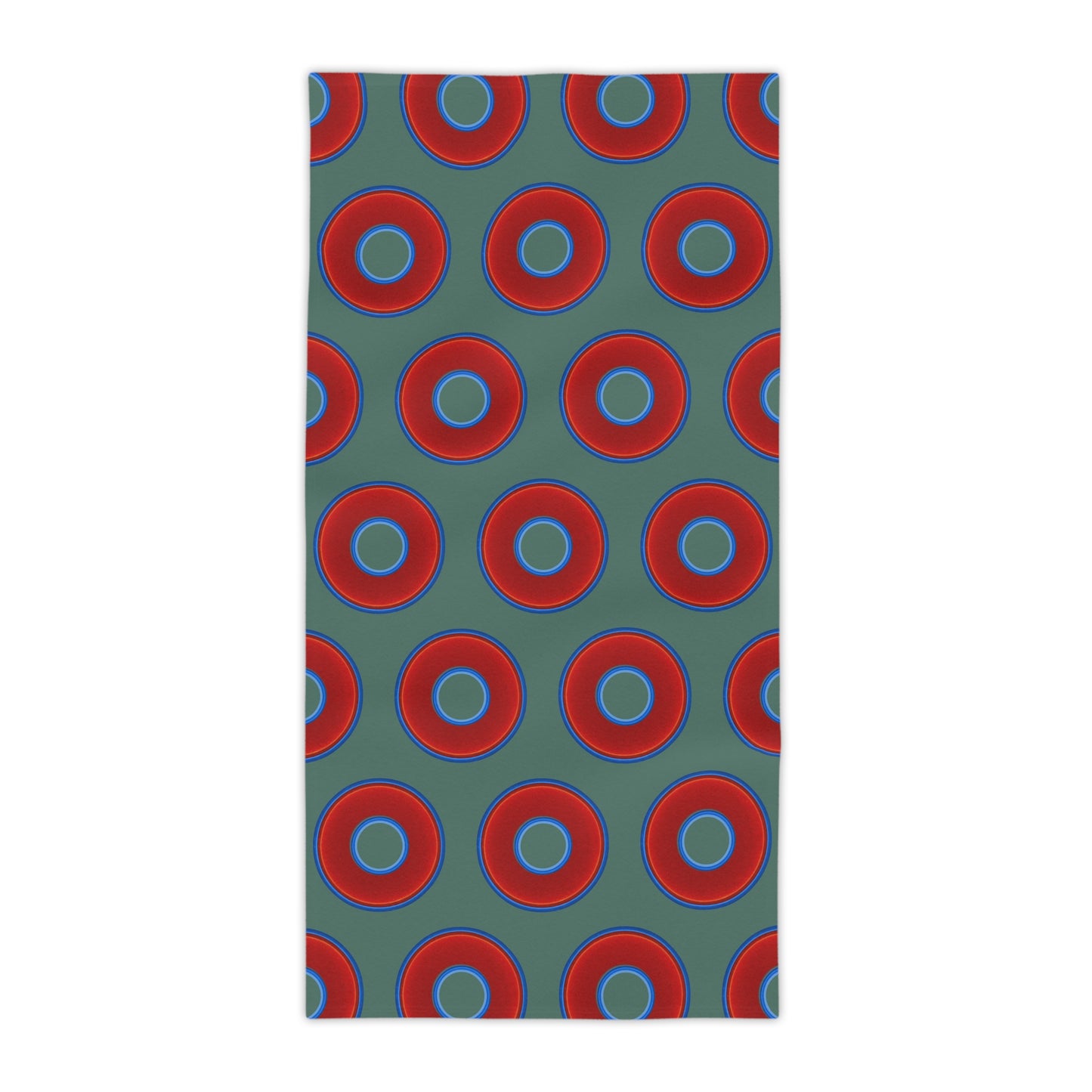 Lumpy Donut Towels - vivid red donuts w/Fenway green background