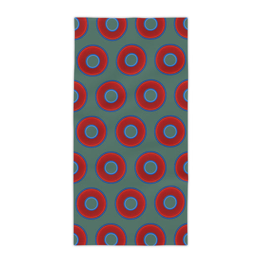 Lumpy Donut Towels - vivid red donuts w/Fenway green background