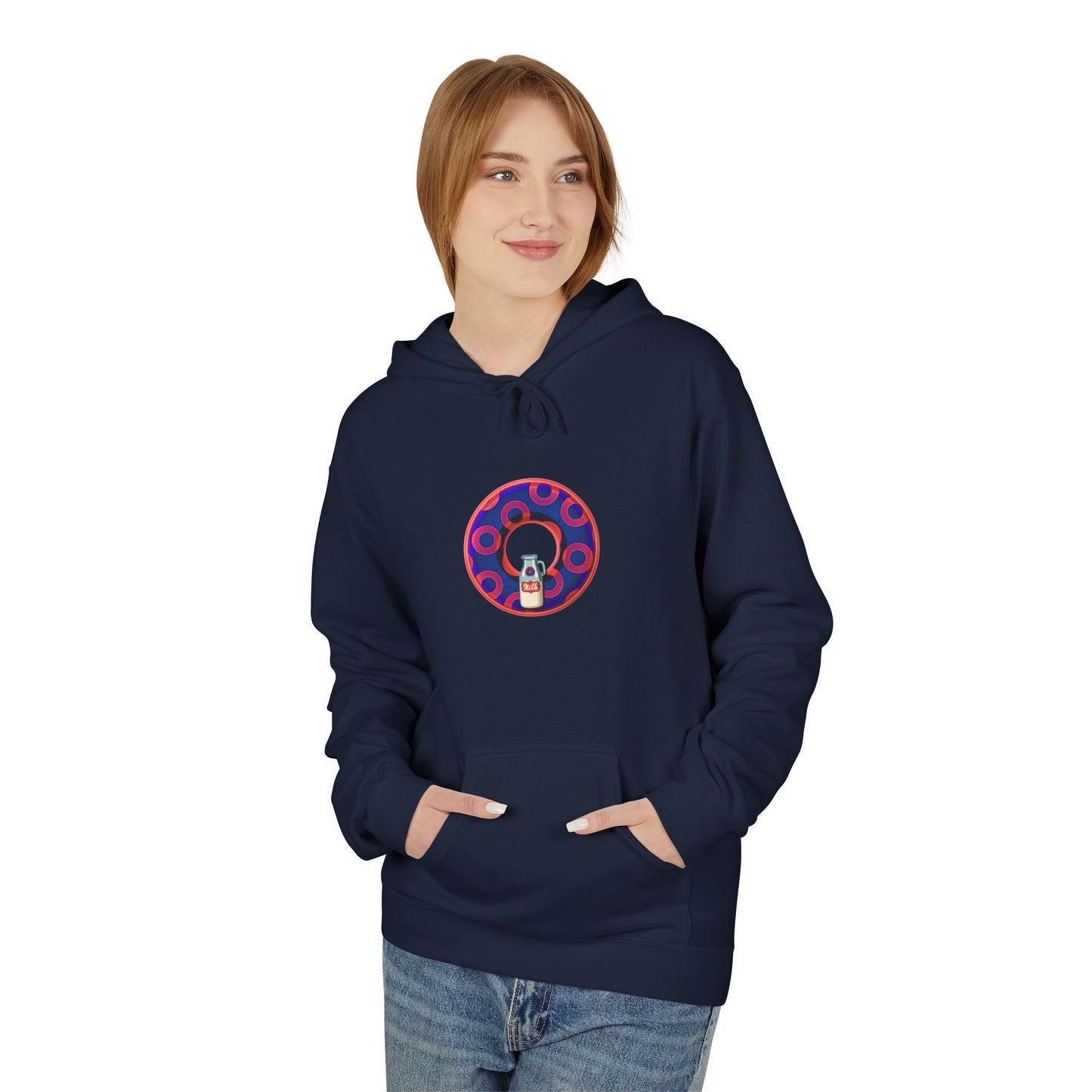 Fleece Harry Hoodies [Midweight Soft-style] - "Wooked Cream Dairy - YEMSG Donut" - electric blue/red rustic paradox donut - variant 2