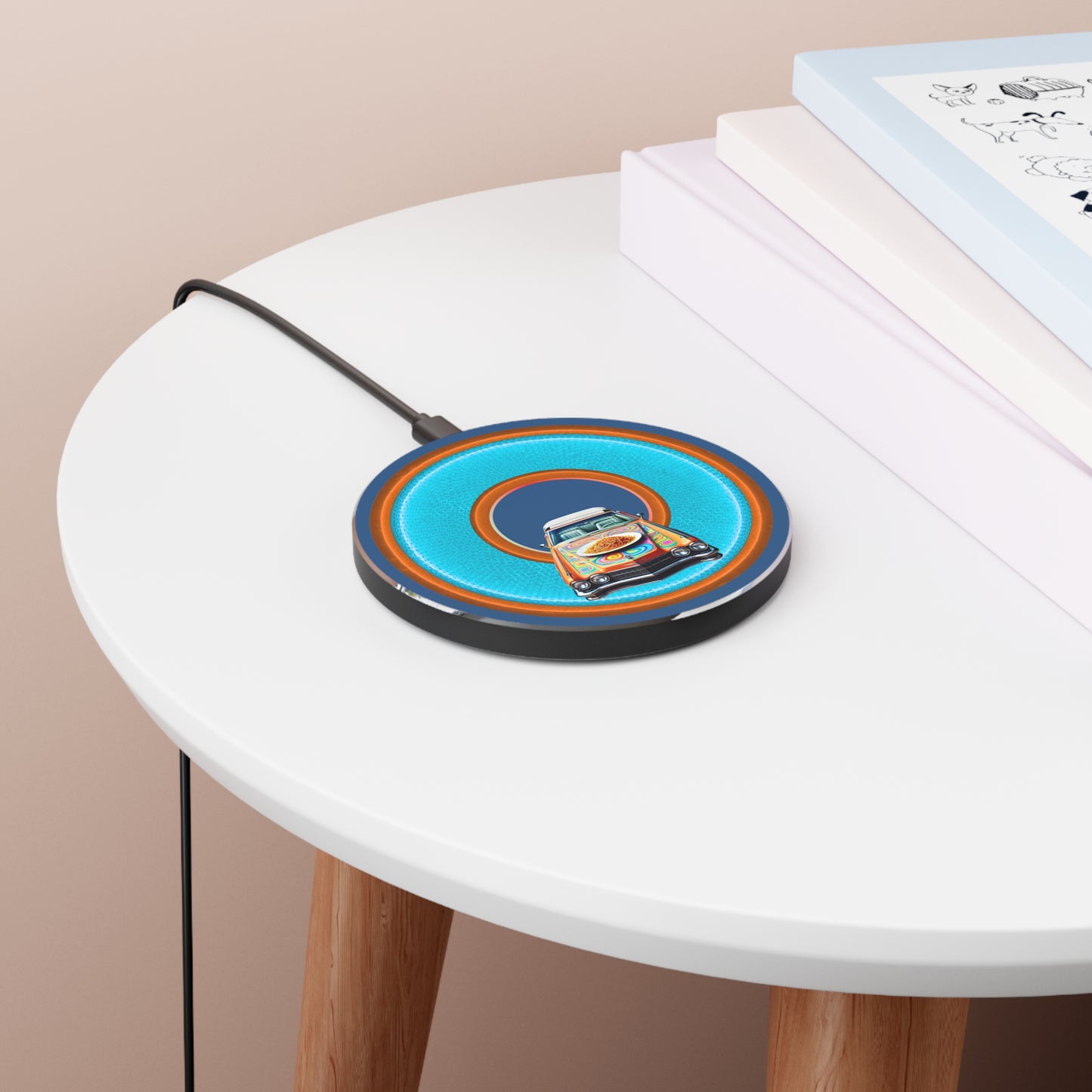 The Flow - Wireless Lumpy Donut Chargers - "Cadillac Rainbows & Charging on the Run" - rustic light blue/orange donut w/light navy background - variant 3