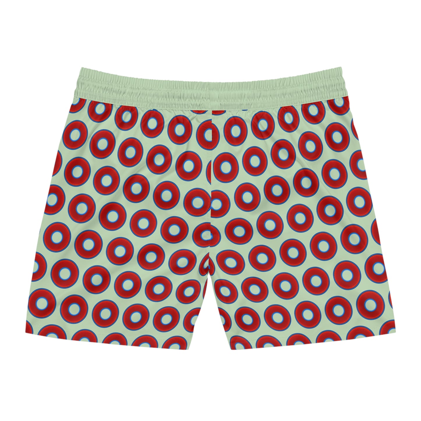 Men's Lumpy Swim Trunks - vivid red donut print w/seafoam background