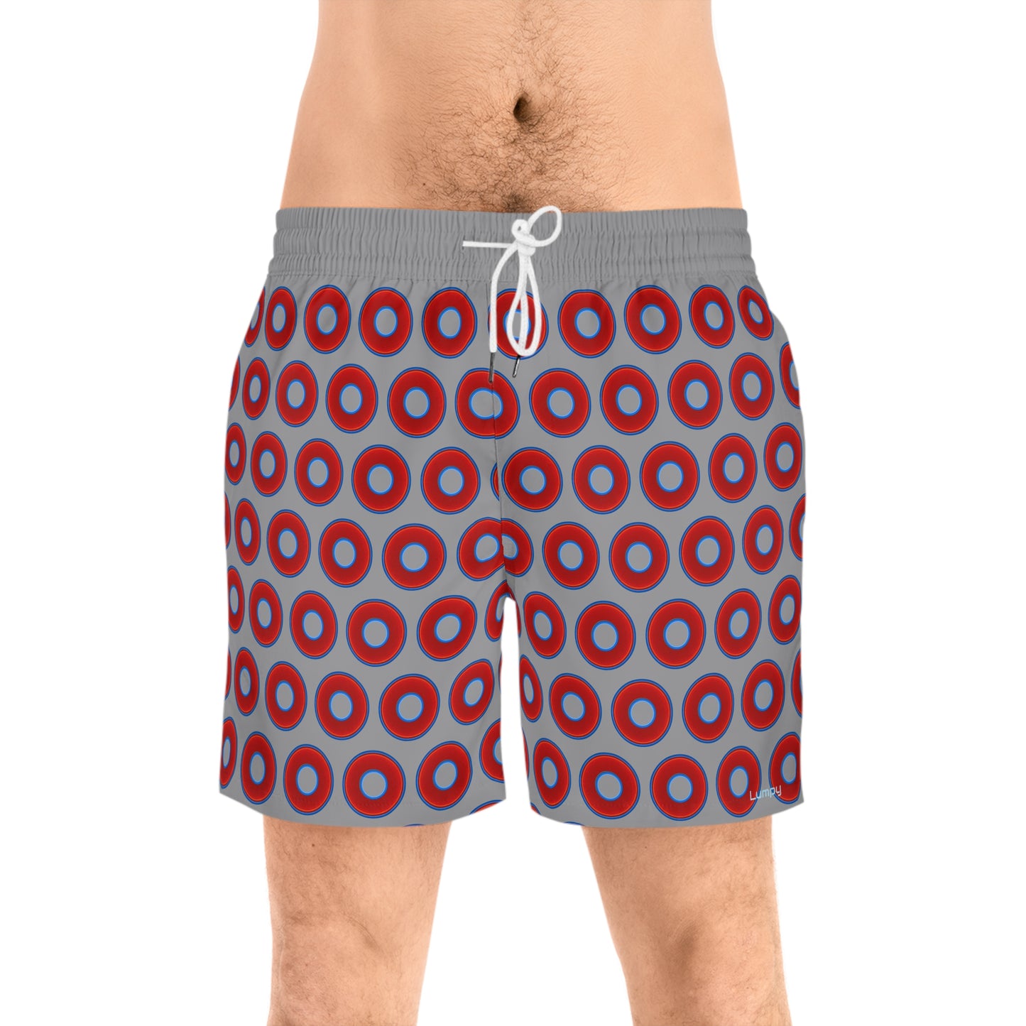 Men's Lumpy Swim Trunks - vivid red donut print w/gray background