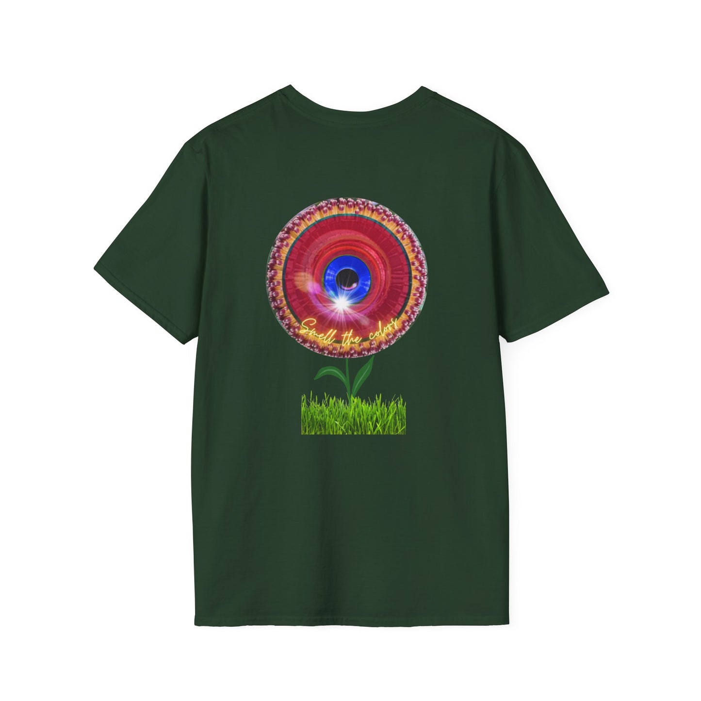Classic Donut Tee - Unisex Soft-Style - "Smell the Donuts Outside on my Lawn"  " variant 2 - blue donut on red donut/flower