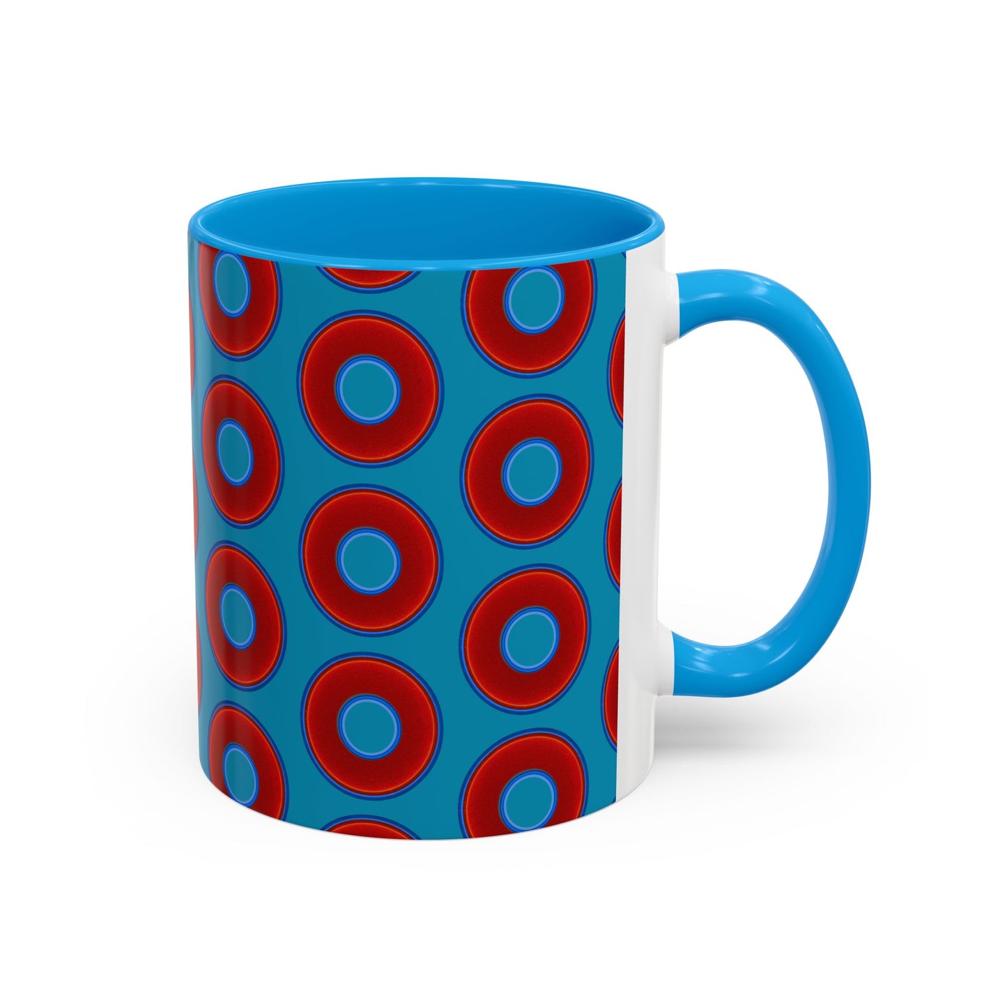 Lump's Grumpy Coffee Mug - vivid red donuts w/aquamarine blue background