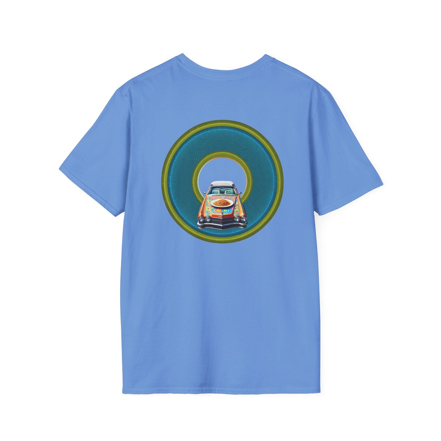 Classic Donut Tee - Unisex Soft-Style - "Cadillac Rainbow Spaghetti Incident" - series 1.0  - variant 1 - blue/green donut