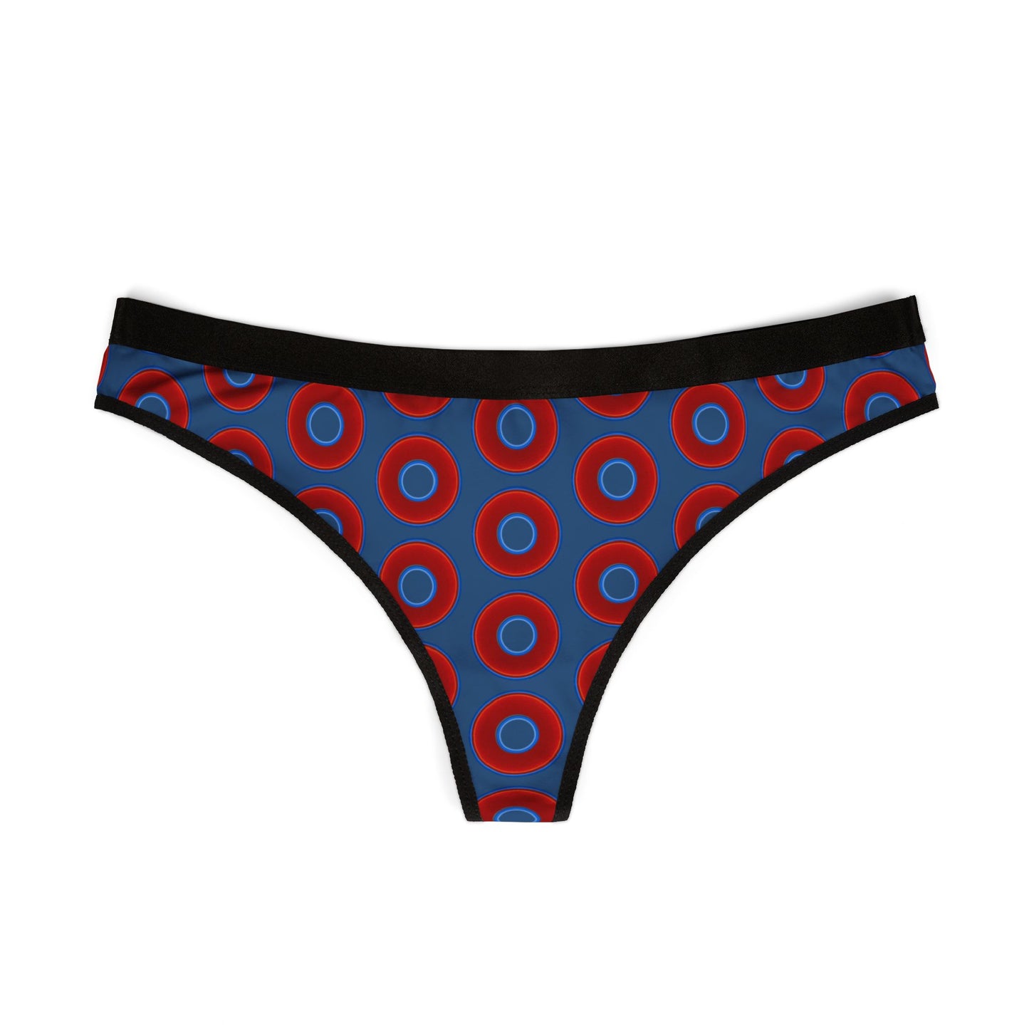Lumpy Donut Thongs - red vivid donut print w/light navy blue background
