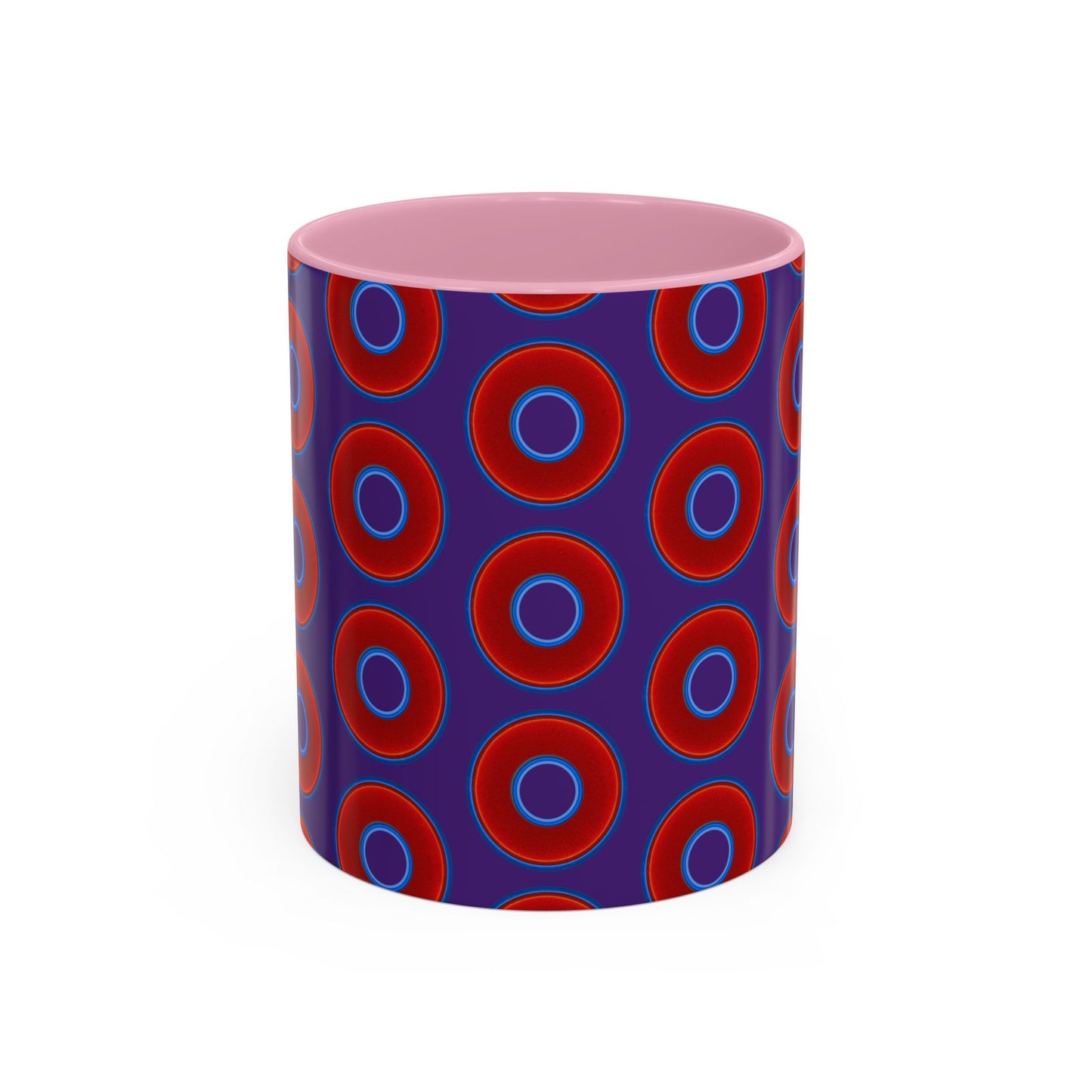 Lump's Grumpy Coffee Mug - vivid red donuts w/purple background