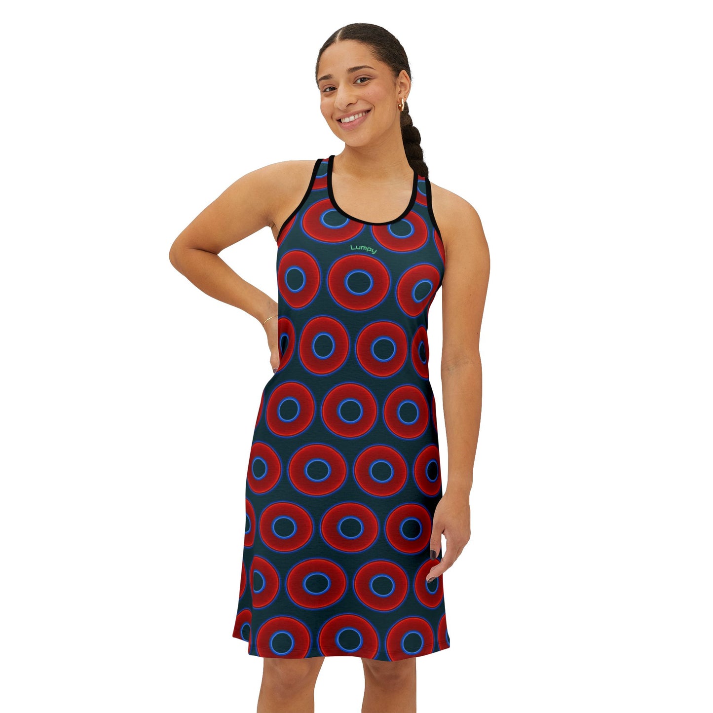 Tela's Lumpy Racerback Donut Dress - red vivid donut print w/midnight teel green background