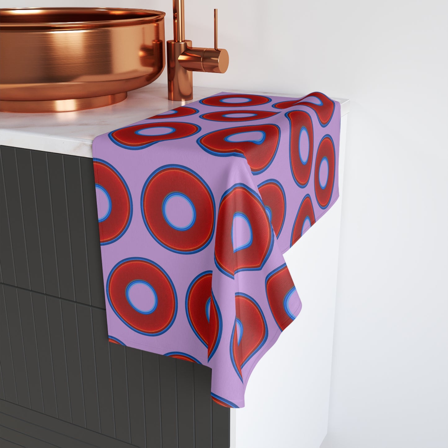 Lumpy Kitchen/Hand Towels - vivid red donuts w/wisteria purple background