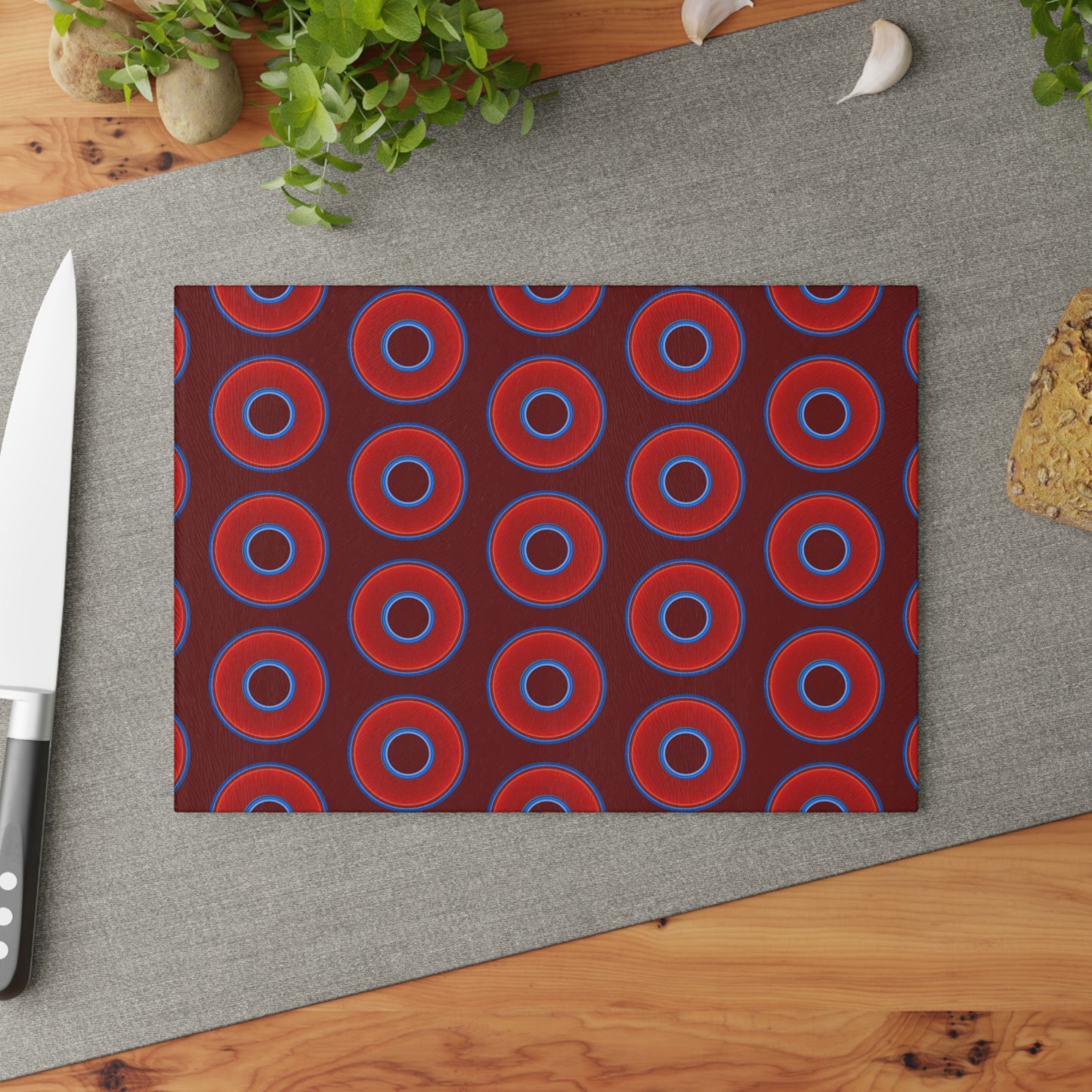 My Friend's Cutting Board - vivid red donuts w/dark red background
