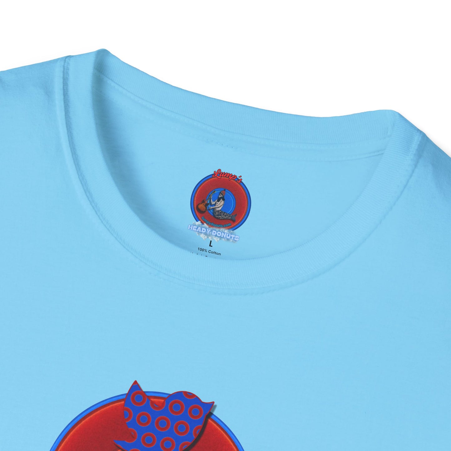 Classic Donut Tee - Unisex Soft-Style - "Phamous Mocking Donut" - vivid red/blue donut