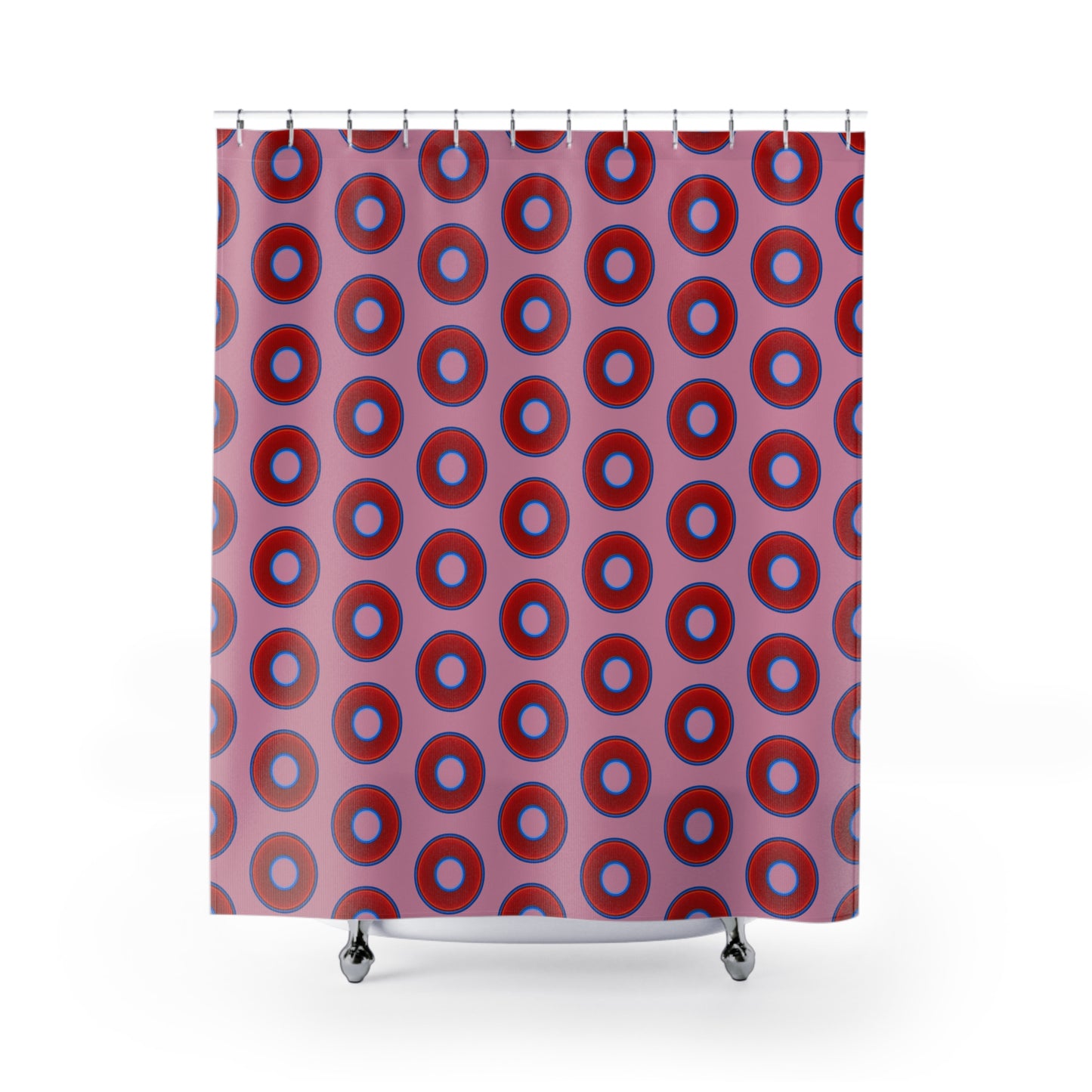 The Curtain With "Donuts" - Lumpy Bath Time Fun - vivid red donuts w/pale magenta background