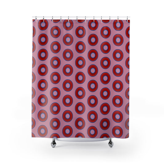 The Curtain With "Donuts" - Lumpy Bath Time Fun - vivid red donuts w/pale magenta background
