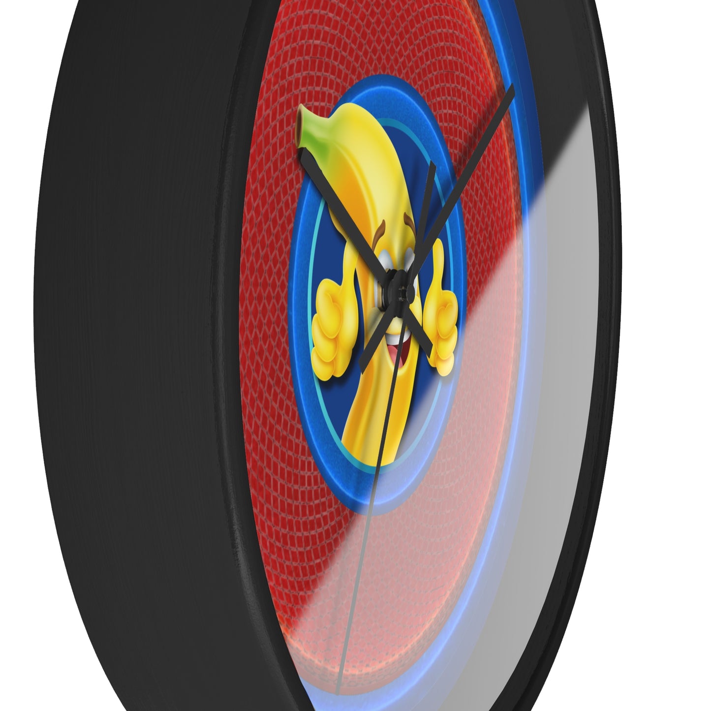 Lumpy Wall Clock - "Dis Sheet, It's Bananas" - variant 1 - red rustic donut w/dark blue background