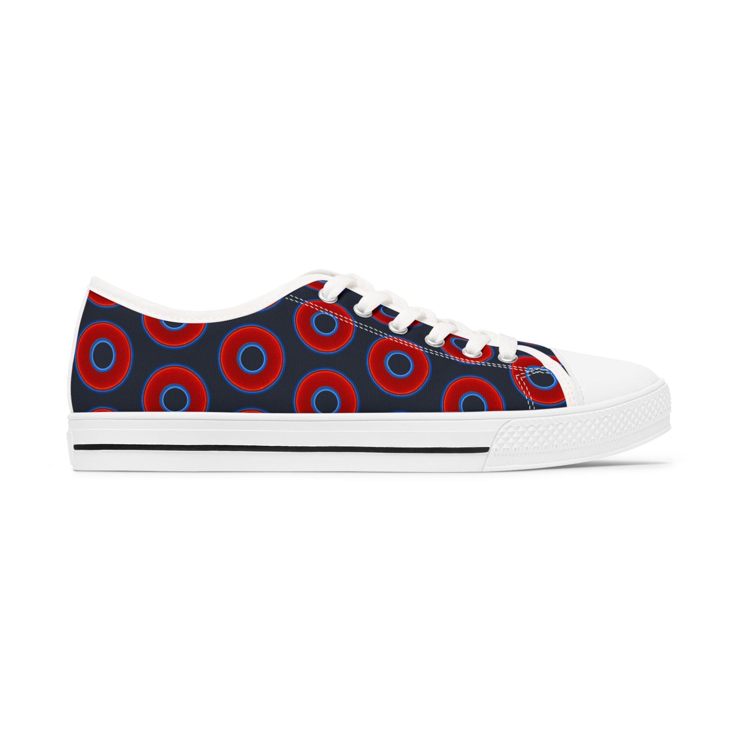 Women's - Low Top Chuck Taylors - large vivid red donut print w/dark teal elite background