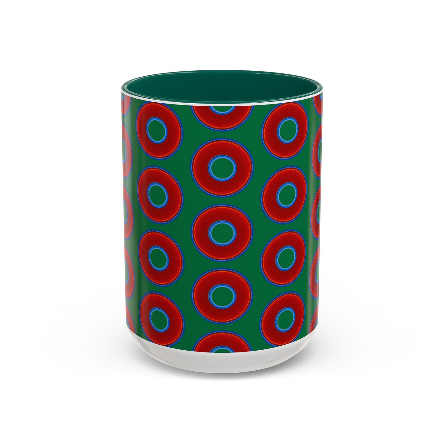Lump's Grumpy Coffee Mug - vivid red donuts w/green background