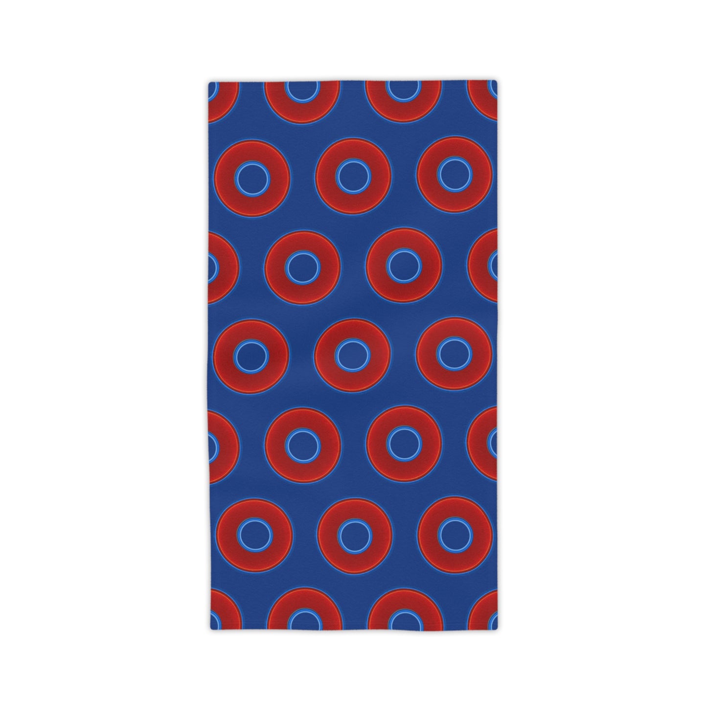 Lumpy Donut Towels - vivid red donuts w/dark blue background
