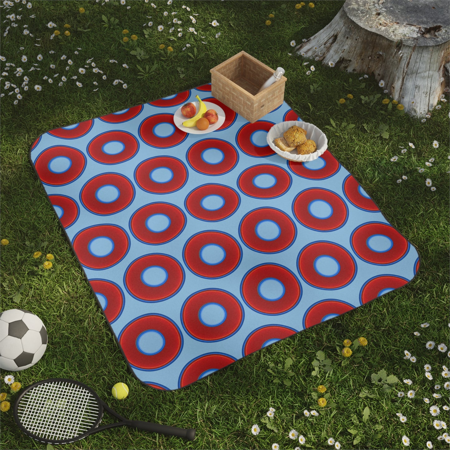 The Lumpy Party Blanket - giant water-resistant outdoor blanket [61" x 51"] - vivid red donuts w/light sky blue background