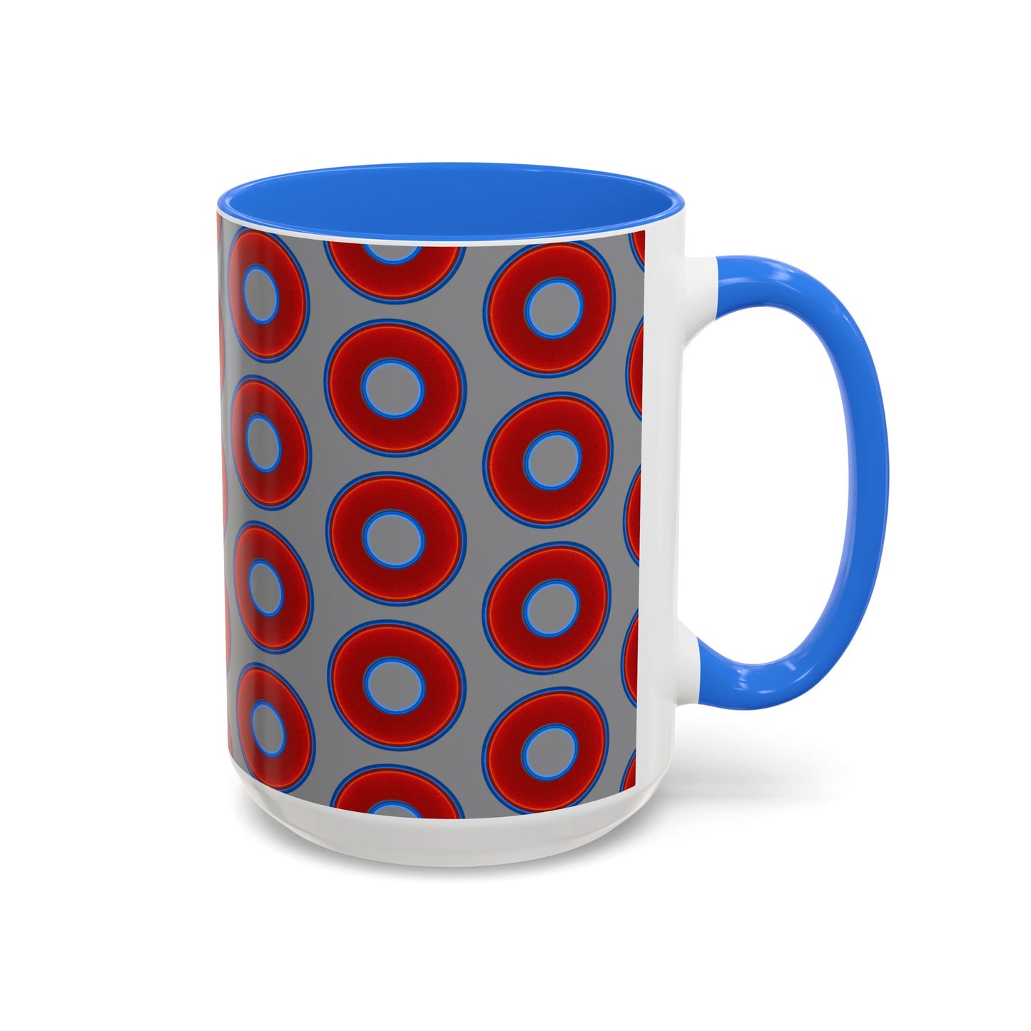 Lump's Grumpy Coffee Mug - vivid red donuts w/gray background