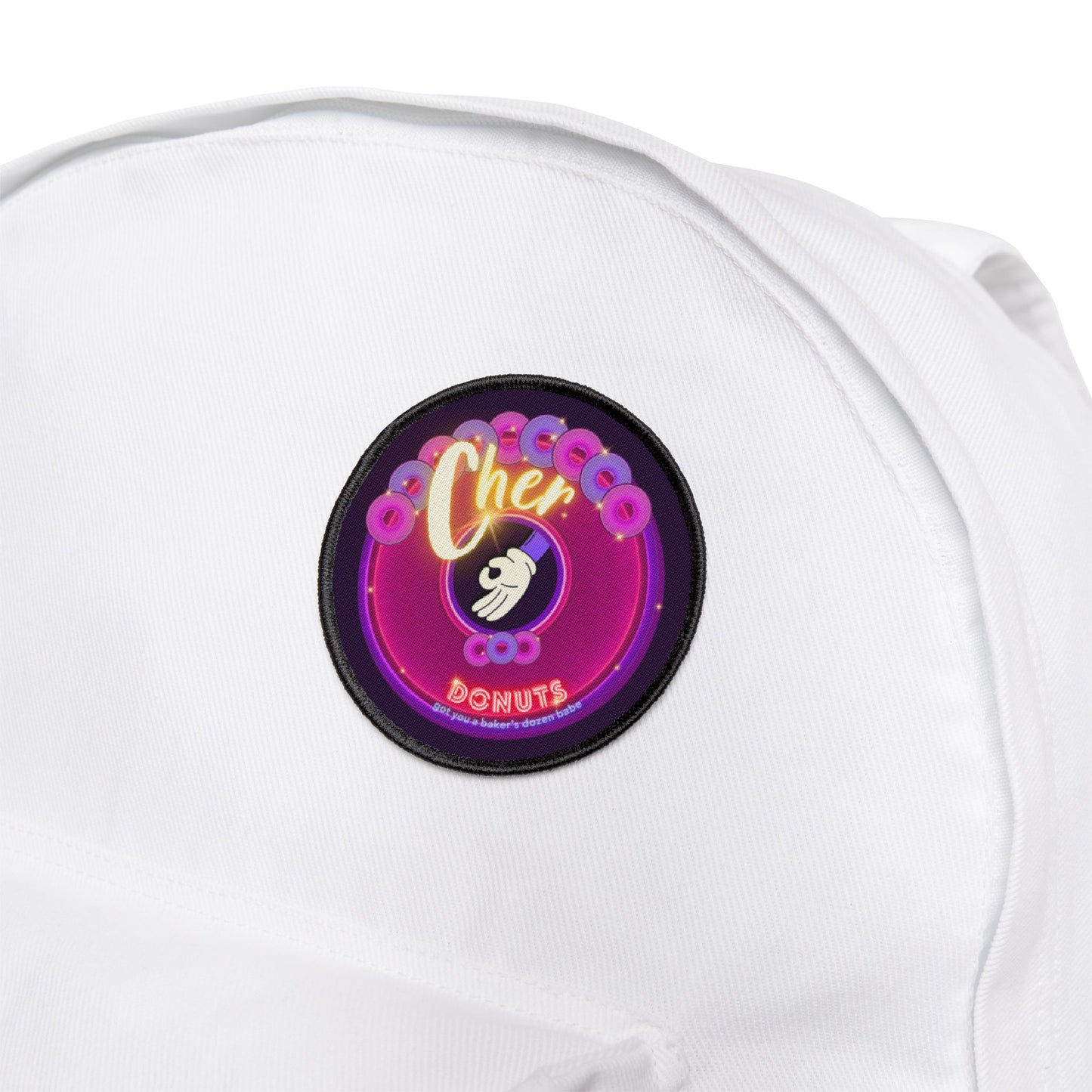 Iron-On Donut Patch - "Cher-ing is Caring Donut Patch" - vivid magenta/purple donut - variant 2 - [*Charitable Donut]