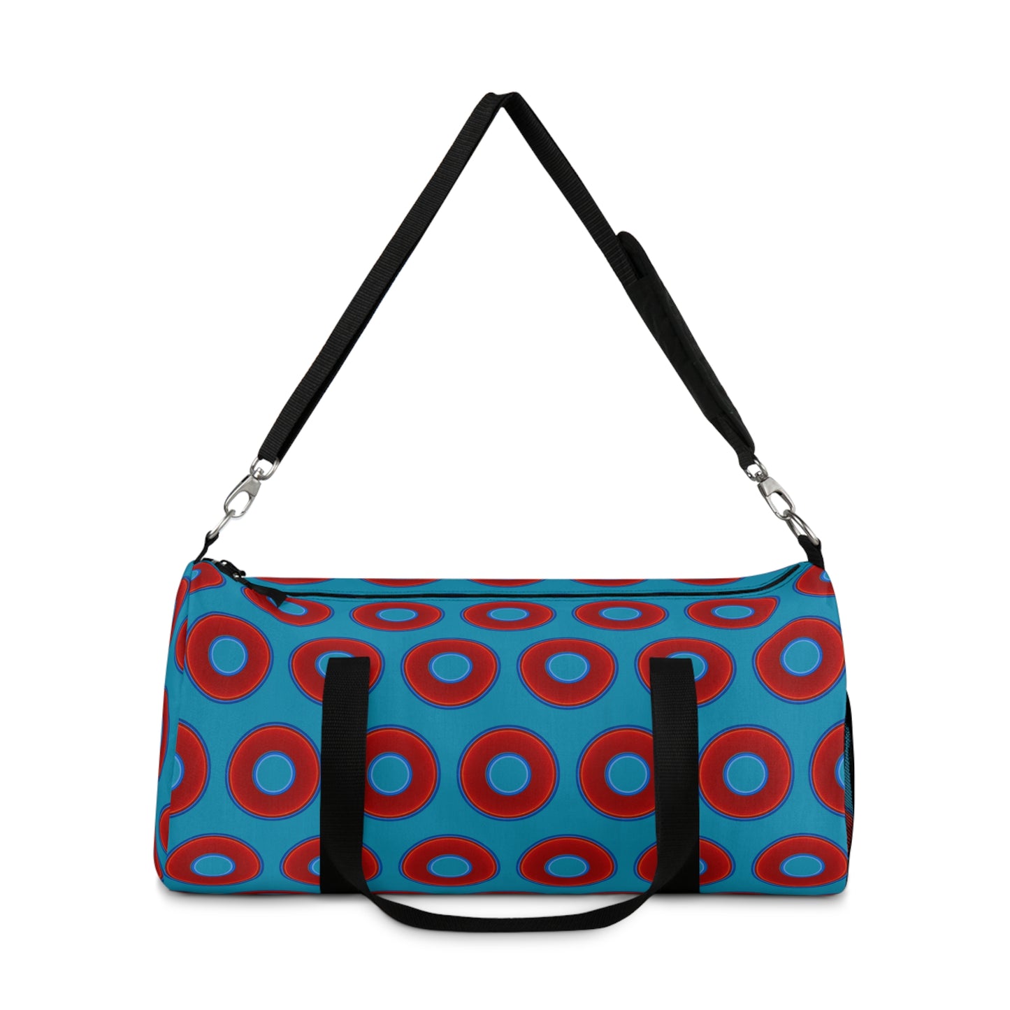 Lumpy Duffel - vivid red donuts w/aquamarine blue background