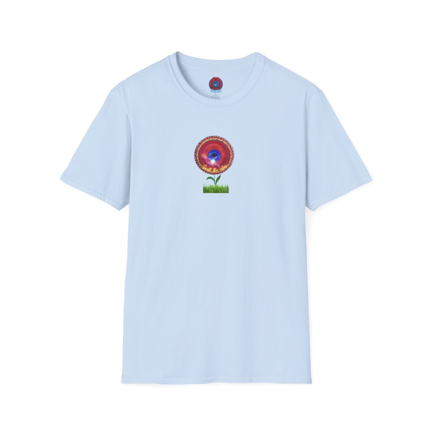 Classic Donut Tee - Unisex Soft-Style - "Smell the Donuts Outside on my Lawn"  " variant 2 - blue donut on red donut/flower