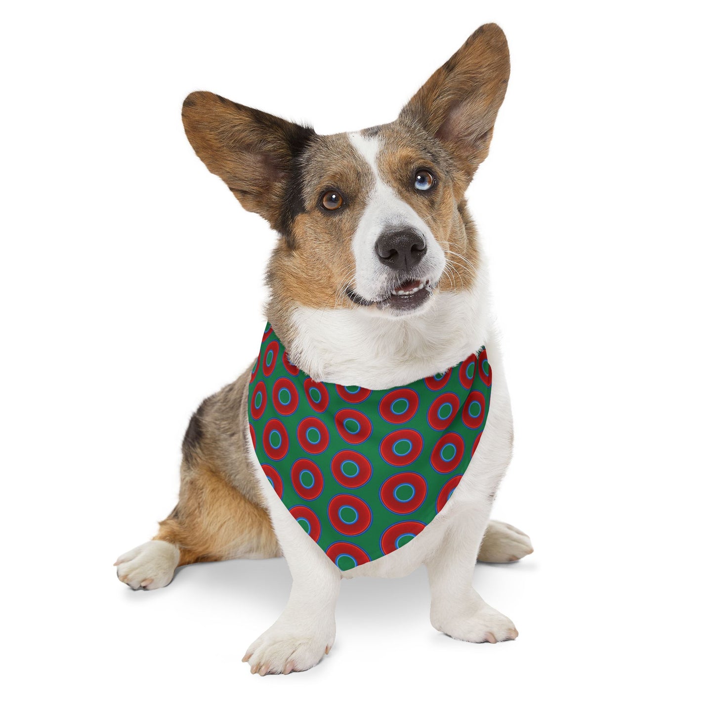 Lumpy Bandana Pet Collar - vivid red donuts w/green background
